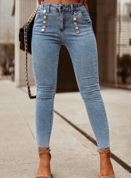 بنطال جينس سكيني خصر عالي مع ازرار